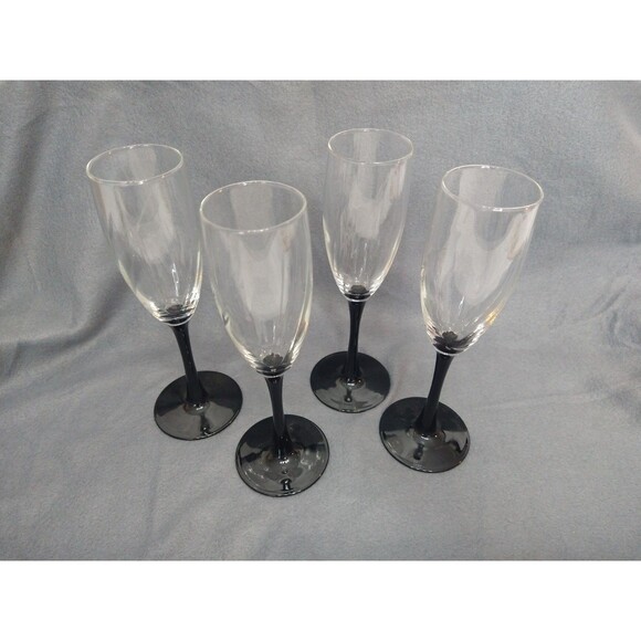 Set of 4 Swirl Unmarked Luminarc/Arcoroc? Black Stem Champagne Flutes Glasses - Picture 3 of 14